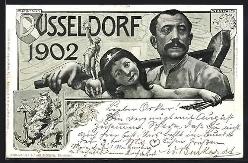 AK Düsseldorf, Industrie- und Gewerbeaustellung 1902, Wappen, Arbeiter mit Hammer, Mädchen mit Pinsel und Figur
