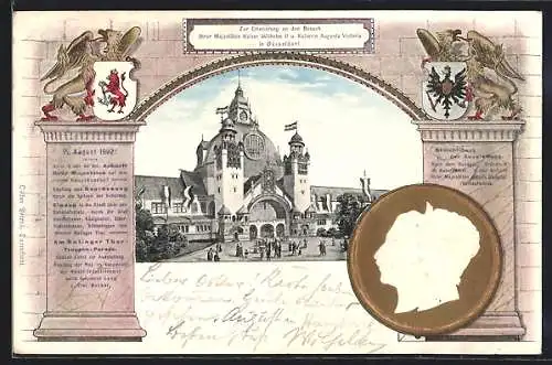 AK Düsseldorf, Erinnerung an den Besuch d. Ausstellung v. Kaiser Wilhelm II. Auguste Victoria am Hauptbahnhof 1902
