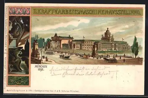 Lithographie München, II. Kraft- u. Arbeitsmaschinen-Ausstellung 1898, Kutschen, Leute, gerahmte Ansicht