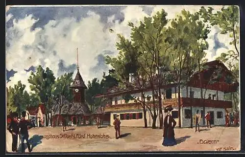 Künstler-AK Ulf Seidl: Wien, 1. Intern. Jagd-Ausstellung 1910, Jagdhaus Fürst Hohenlohe und Haus Baiern