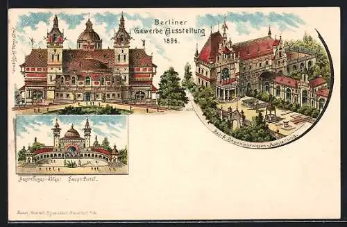 Lithographie Berlin, Gewerbe-Ausstellung 1896, Ausstellungs-Palast, Haupt-Portal, Bau-u.Ingenieurwesen-Ausstellung