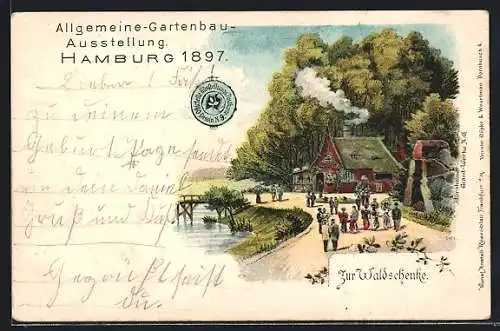 Lithographie Hamburg, Allgemeine Gartenbau-Ausstellung 1897, Weg zur Waldschenke