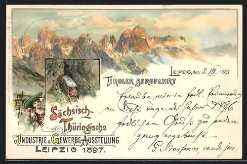 Lithographie Leipzig, Sächsisch-Thüringische Industrie u.Gewerbe-Ausstellung 1897, Frau mit Bierglas, Bergbahn