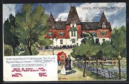 Künstler-AK Wien, I. Internationale Jagdausstellung 1910, Kaiserliches Jagdschloss, Partie im Park