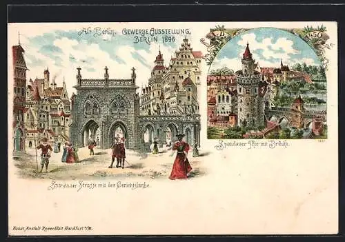 Lithographie Berlin, Gewerbe-Ausstellung in Berlin 1896, Spandauer Strasse m.d. Gerichtslaube, 2 Ansichten