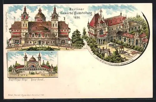 Lithographie Berlin, Gewerbe-Ausstellung 1896, Ausstellungs-Palast, Haupt-Portal, Bau-u.Ingenieurwesen-Ausstellung