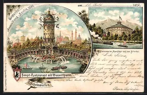 Lithographie Berlin, Gewerbe-Ausstellung 1896, Haupt-Restaurant mit Wasserthurm, Panorama der Alpenfahrt nach Zillertal