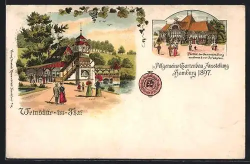 Lithographie Hamburg, Allgem. Gartenbau-Ausstellung 1897, Weinhütte im Thal, Pavillon Samenhandling Ernst & Spreckelsen