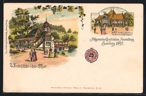 Lithographie Hamburg, Allgemeine Gartenbau-Ausstellung 1897 mit Weinhütte im Thal und Pavillon einer Samenhandlung