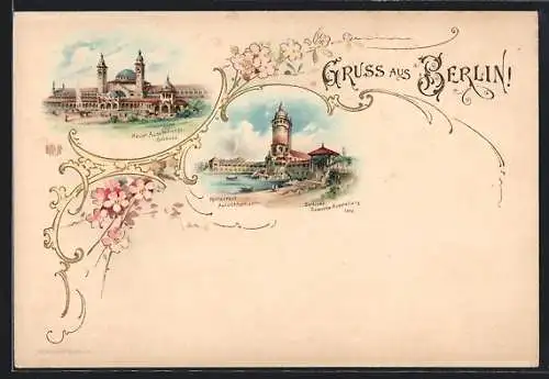 Lithographie Berlin, Gewerbe-Ausstellung 1896, Haupt Ausstellungsgebäude, Restaurant, Aussichtsthurm