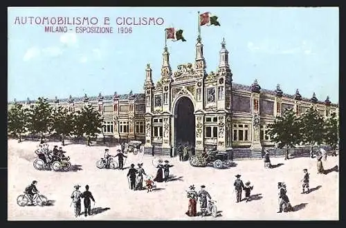 Künstler-AK Milano, Esposizione 1906, Automobilismo e Ciclismo