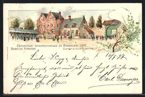 Lithographie Bruxelles, Exposition Internationale 1897, Quartier du Vieux Bruxelles, Bruxelles Kermesse