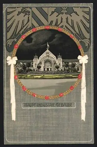 AK Nürnberg, Jubiläums-Landes-Ausstellung 1906, Haupt-Industrie-Gebäude bei Nacht, Wappen
