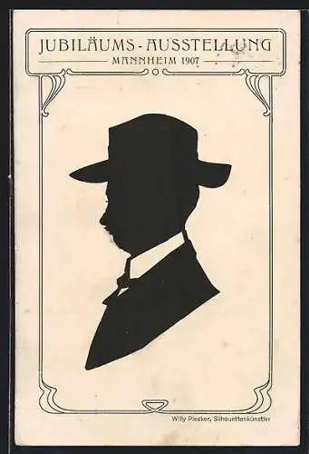 Künstler-AK Mannheim, Jubiläums-Ausstellung 1907, Ein Herr mit Hut, Schattenbild