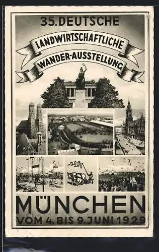AK München, 35. Landwirtschaftliche Wander-Ausstellung 1929, Frauenkirche, Nationaldenkmal, Festgelände
