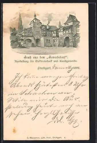 Lithographie Stuttgart, Ausstellung für Elektrotechnik und Kunstgewerbe 1896, Gewerbedorf
