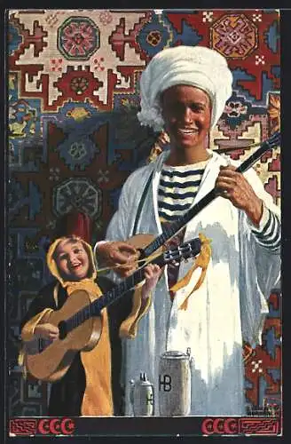 AK München, Ausstellung 1910, Arabischer Junge & Münchner Kindl spielen ein Duett