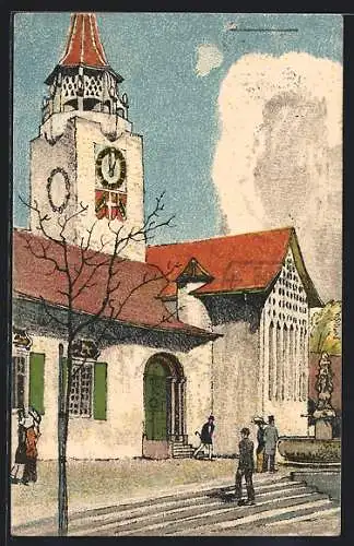 Künstler-AK Bern, Schweiz. Landesausstellung 1914, Kirche mit Brunnen