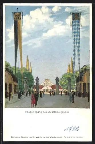 AK München, Deutsche Gewerbeschau, 1922, Haupteingang zum Ausstellungspark