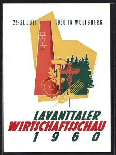 Künstler-AK Wolfsberg, Lavanttaler Wirtschaftsschau 1960, Schornstein, Hammer und Zahnrad