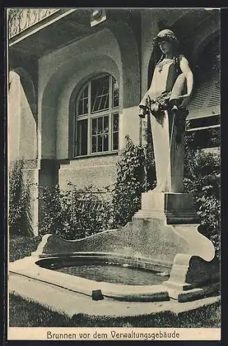 AK München, Bayrische Gewerbeschau 1912, Brunnen vor dem Verwaltungsgebäude