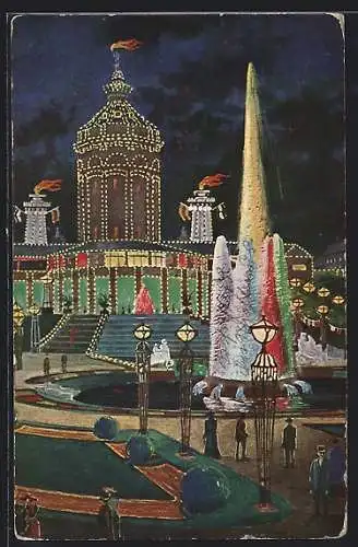 Künstler-AK Mannheim, Jubiläums-Ausstellung 1907, Wasserturm und Leuchtfontaine