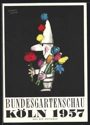 AK Köln, Bundesgartenschau 1957, Zwerg mit Blumen, Ausstellung