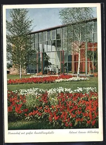 AK Stuttgart, Deutsche Gartenschau 1950, Blumenhof mit grosser Ausstellungshalle