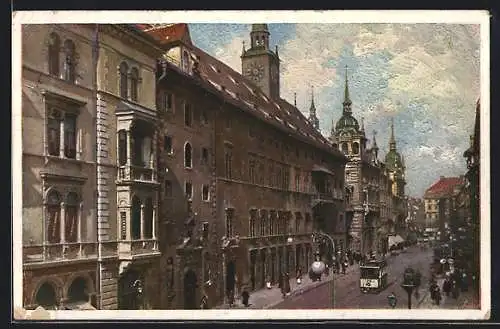 Künstler-AK Graz, Landhaus und Herrengasse, Strassenbahn