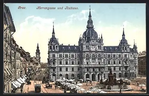 AK Graz, Herrengasse und Rathaus, Strassenbahn