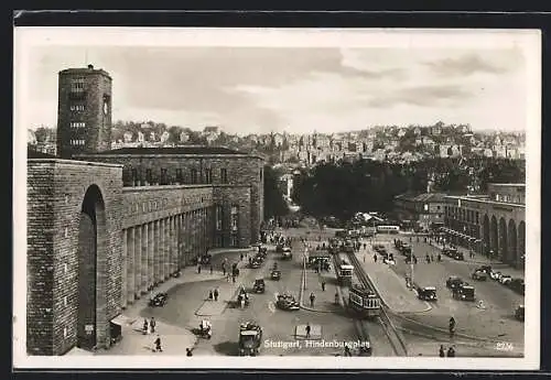 AK Stuttgart, Hindenburgplatz mit Strassenbahnen