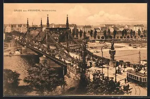 AK Mannheim, Strassenbahn an der Neckarbrücke