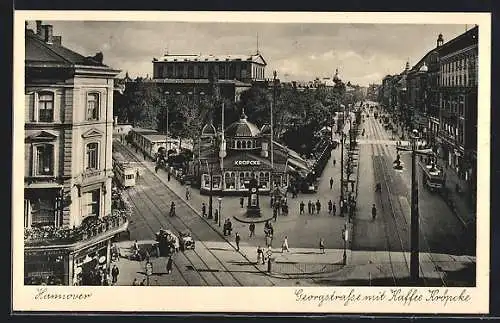 AK Hannover, Georgstrasse mit Kaffee Kröpcke und Strassenbahn