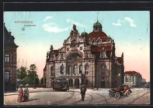 AK Nürnberg, eine Strassenbahn vor dem Stadttheater