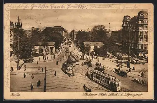 AK Berlin, Potsdamer Platz mit Strassenbahn, Blick in die Leipzigerstrasse
