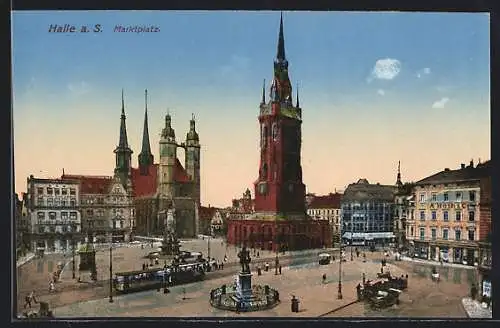 AK Halle a. S., Marktplatz mit Strassenbahn
