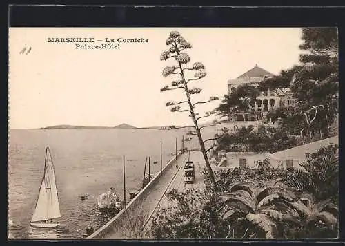 AK Marseille, La Corniche, Palace Hotel, The Cornice, Strassenbahn