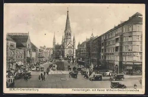AK Berlin-Charlottenburg, Strassenbahn in der Hardenbergstr., Kaiser WIlhelm-Gedächtniskirche
