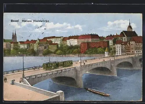 AK Basel, Mittlere Rheinbrücke mit Strassenbahn