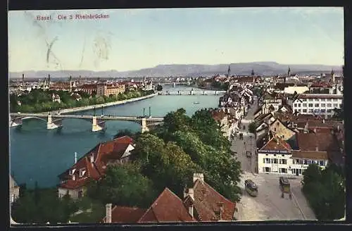 AK Basel, Die 3 Rheinbrücken mit Strassenbahn