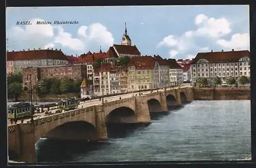 AK Basel, Mittlere Rheinbrücke mit Strassenbahn