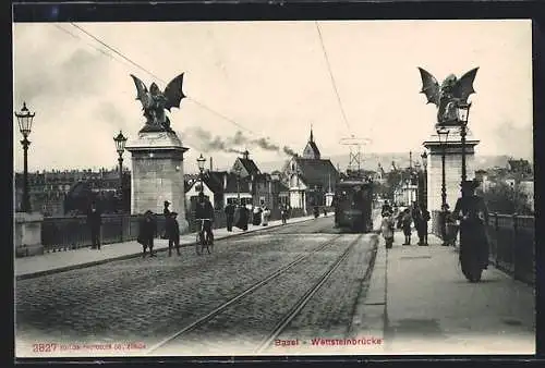 AK Basel, Wettsteinbrücke mit Strassenbahn