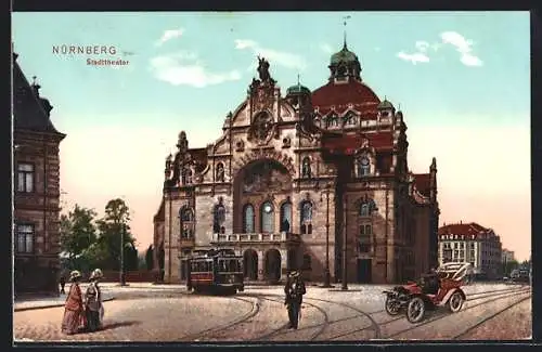 AK Nürnberg, eine Strassenbahn vor dem Stadttheater