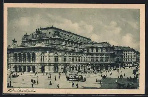 AK Wien, Operntheater mit Brunnen und Strassenbahn