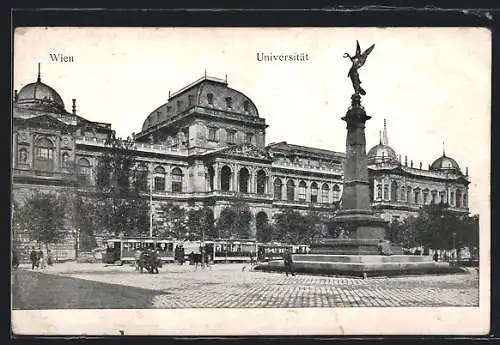 AK Wien, Universität mit Denkmal und Strassenbahn