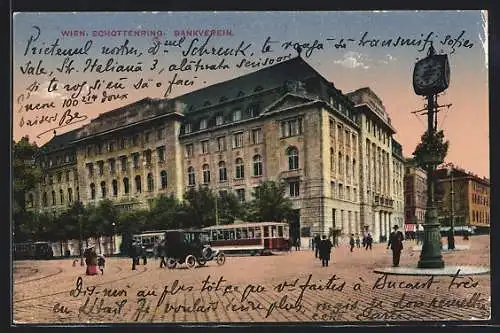 AK Wien I, Ringstrasse, Schottenring, Bankverein, Strassenbahn, Automobil