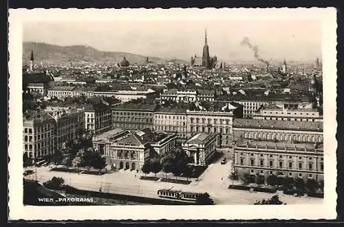 AK Wien, Panorama mit Kirche und Strassenbahn