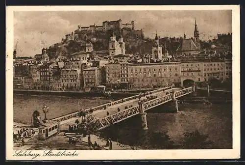 AK Salzburg, Festung Hohensalzburg und Staatsbrücke mit Strassenbahn