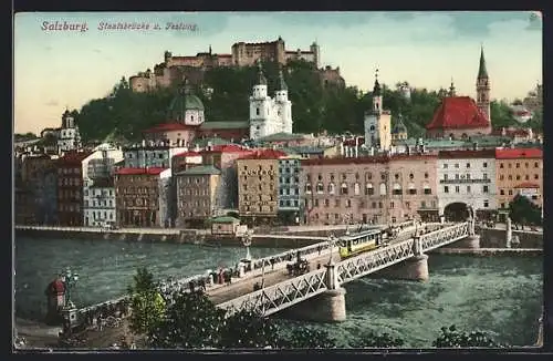 AK Salzburg, Strassenbahn und Festung, Uferpartie