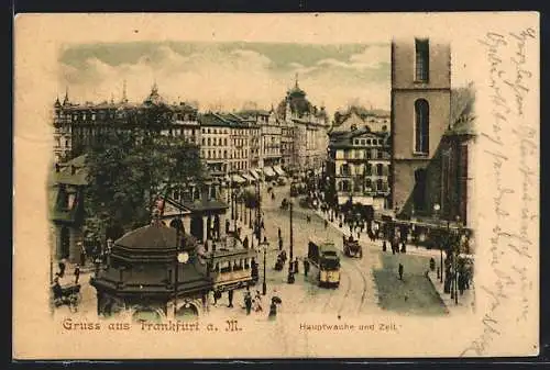 AK Frankfurt, Hauptwache und Zeil mit Strassenbahn